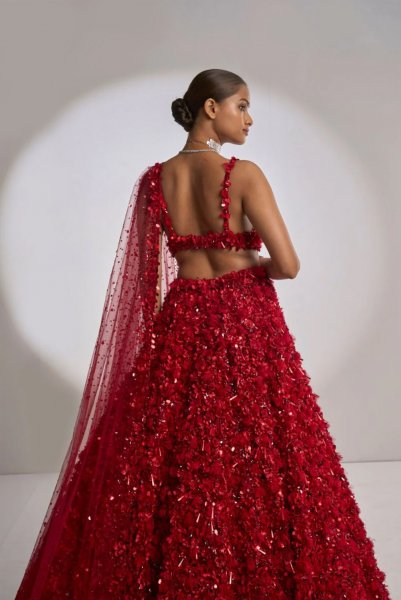 Red Three-Dimensional Lehenga Set