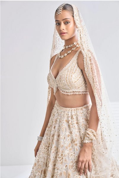 Cream Gold Floral Lehenga Set