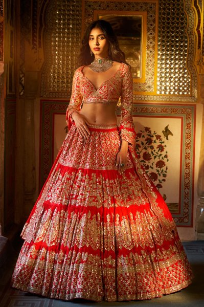 Red Multi-Tiered Lehenga Set