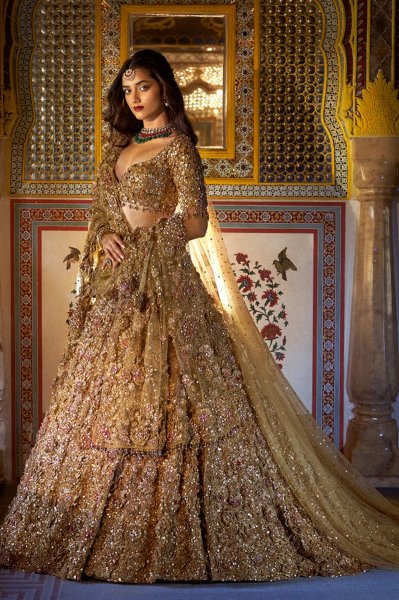 Gold Three-Dimensional Jewel Lehenga Set