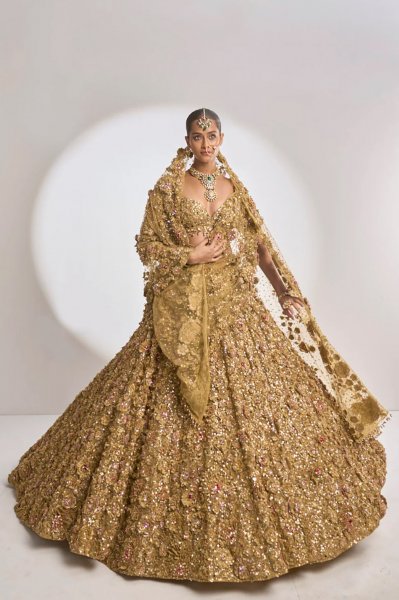 Gold Three-Dimensional Jewel Lehenga Set