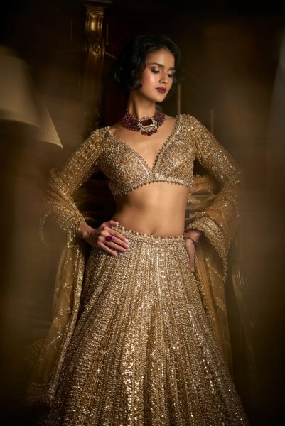 Gold Beaded Lehenga Set