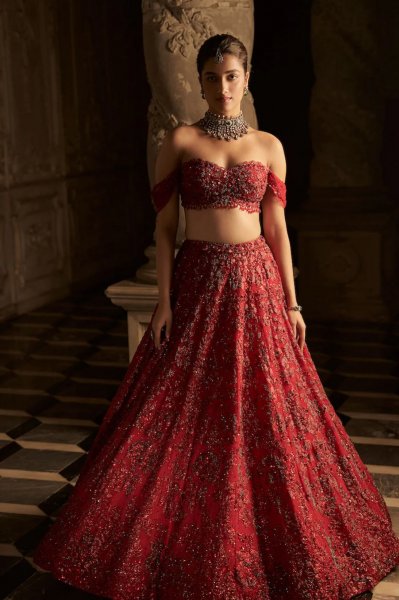 Red Off-Shoulder Lehenga Set