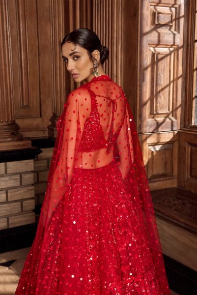 Red Floral Sequin Lehenga Set