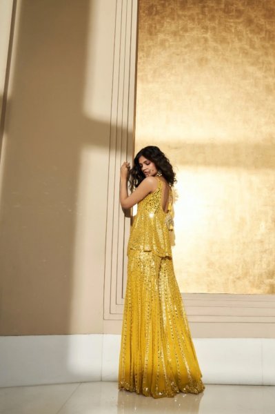 Mustard Yellow Mirror Work Sharara Set