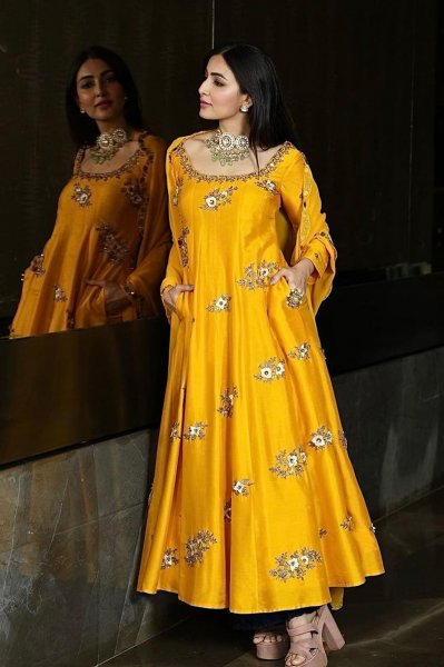 Citrus Yellow Silk Anarkali  Set