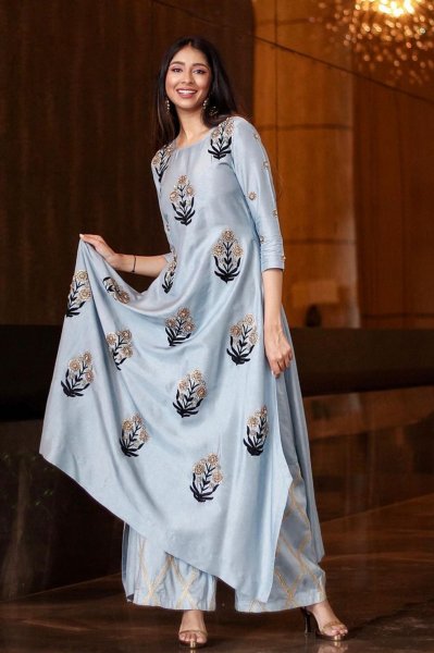 Powder Blue Embroidered Asymmetrical Tunic Set