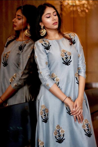 Powder Blue Embroidered Asymmetrical Tunic Set