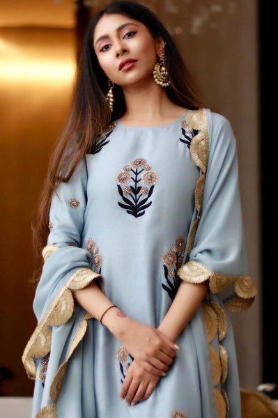 Powder Blue Embroidered Asymmetrical Tunic Set