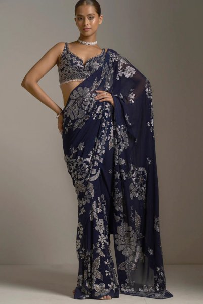 Navy Blue Crystal Saree