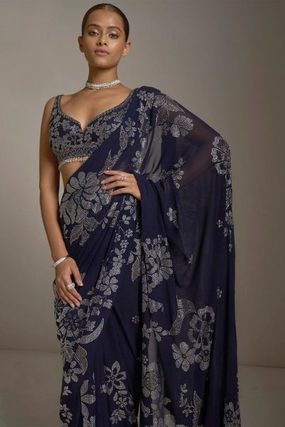 Navy Blue Crystal Saree