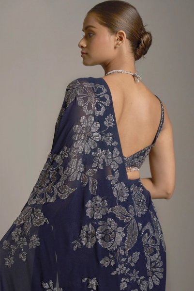 Navy Blue Crystal Saree