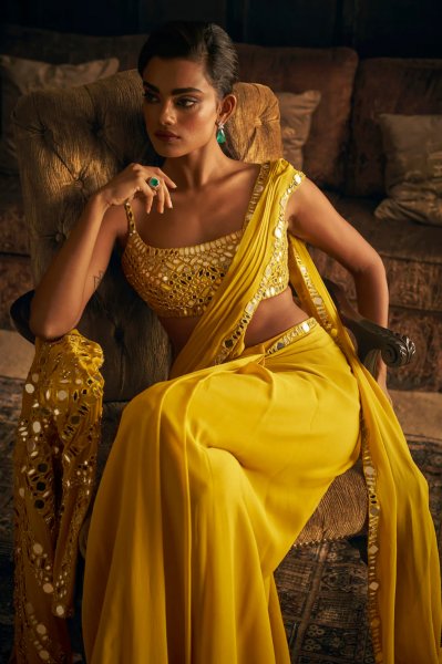 Yellow Mirror Work Stitched & Jacket Saree