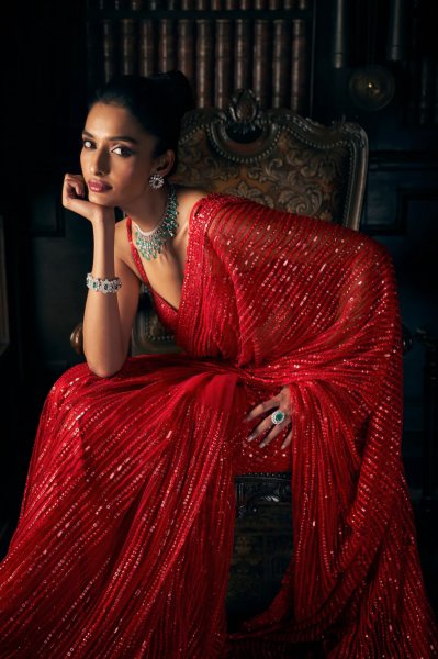 Red Sequin Net Saree