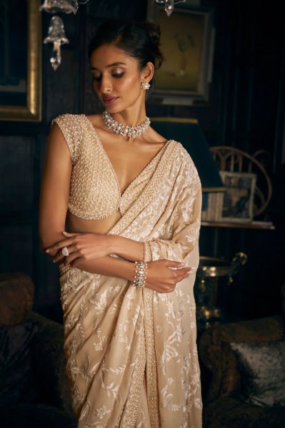 Nude Thread Work Saree