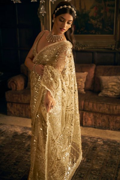 Cream Gold Mirror Work Saree