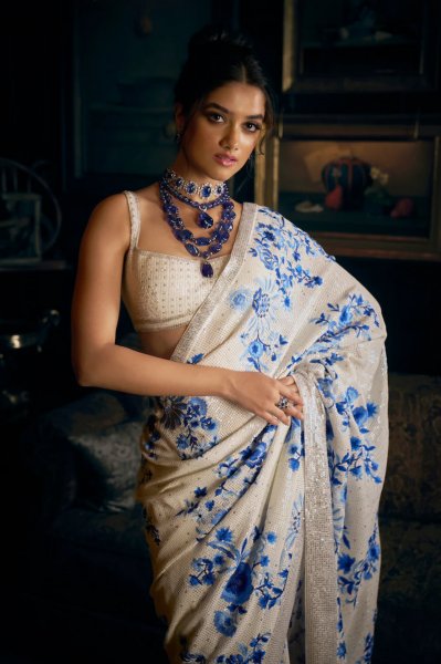 Ivory & Blue Sequin Saree