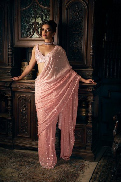 Pink Sequin Georgette Saree