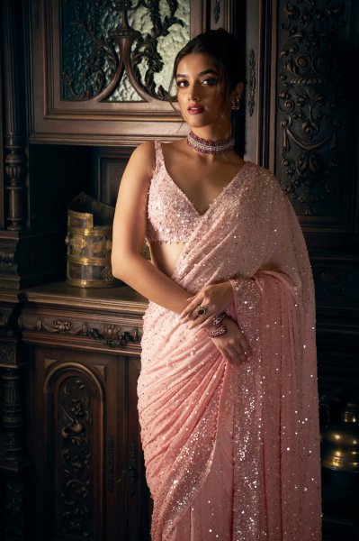 Pink Sequin Georgette Saree