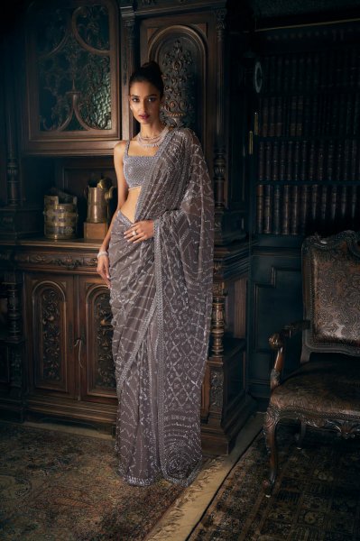 Grey Crystal Georgette Saree