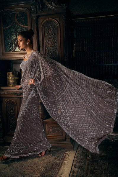 Grey Crystal Georgette Saree