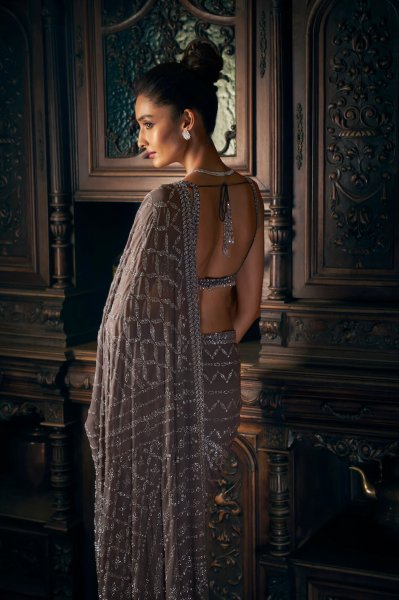 Grey Crystal Georgette Saree