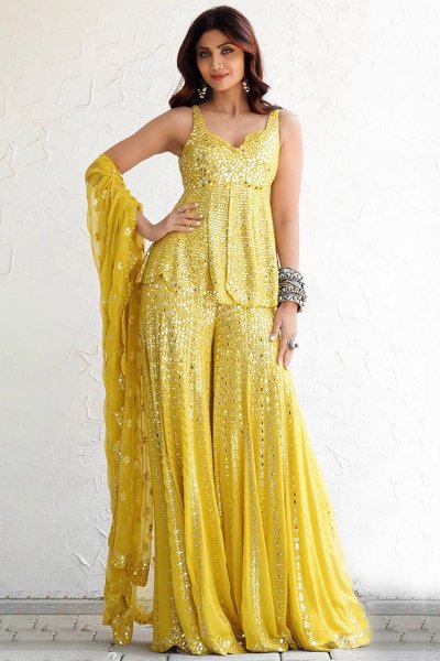 Mustard Yellow Mirror Work Sharara Set