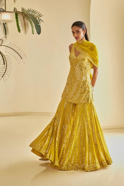 Yellow Mirror Work Sharara Set