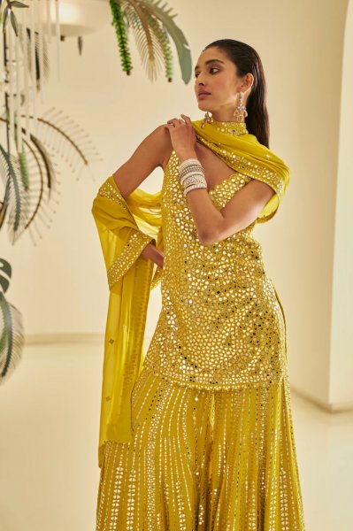 Yellow Mirror Work Sharara Set