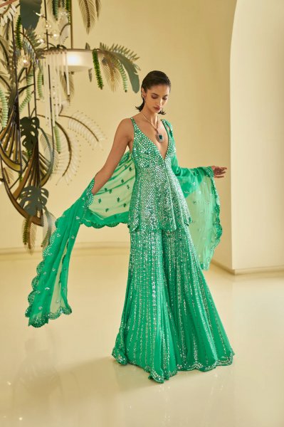 Green Mirror Work Sharara Set