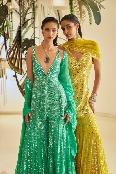 Yellow Mirror Work Sharara Set