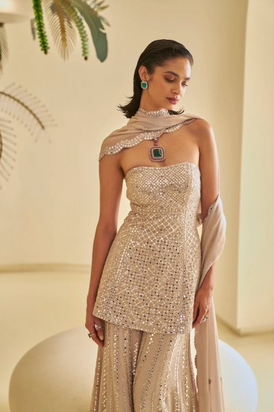 Nude Mirror Work Sharara Set