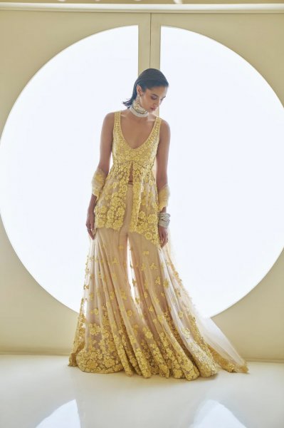 Yellow Three-Dimensional Floral Sharara Set