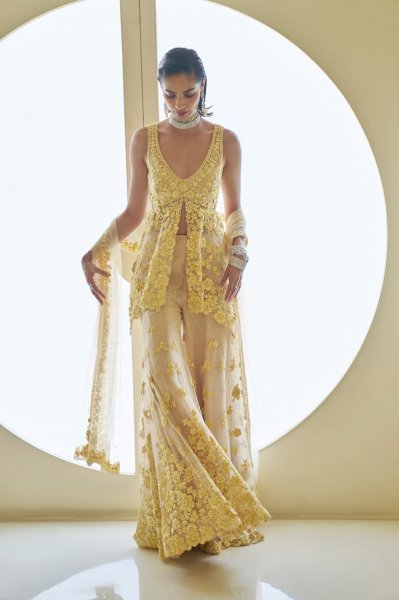 Yellow Three-Dimensional Floral Sharara Set