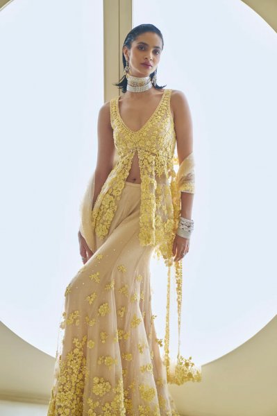 Yellow Three-Dimensional Floral Sharara Set