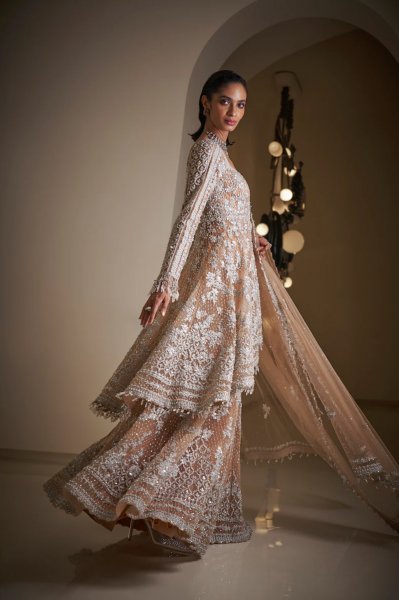 Nude Silver Jacket Sharara Set