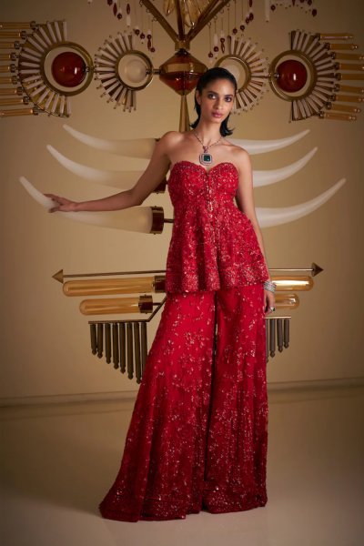 Off-Shoulder Red Sharara Set